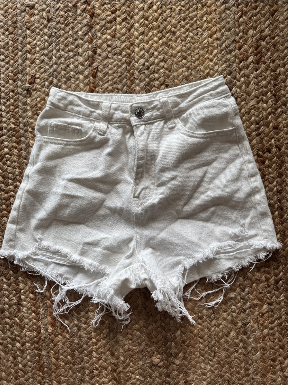 SHEIN White High-Rise Distressed Denim Shorts